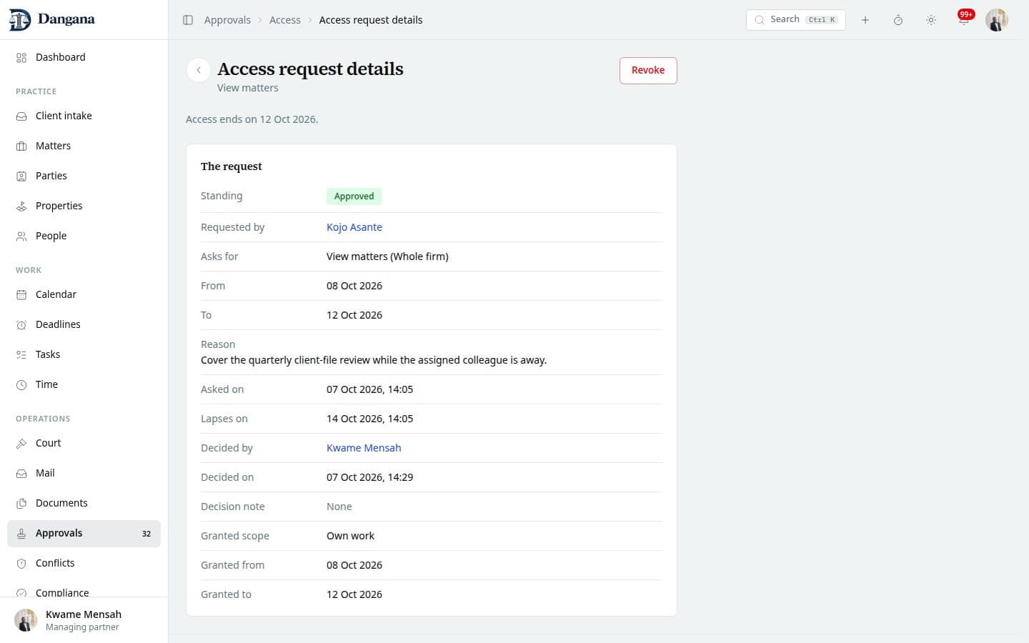 An access request with its reason, decision and approved period.