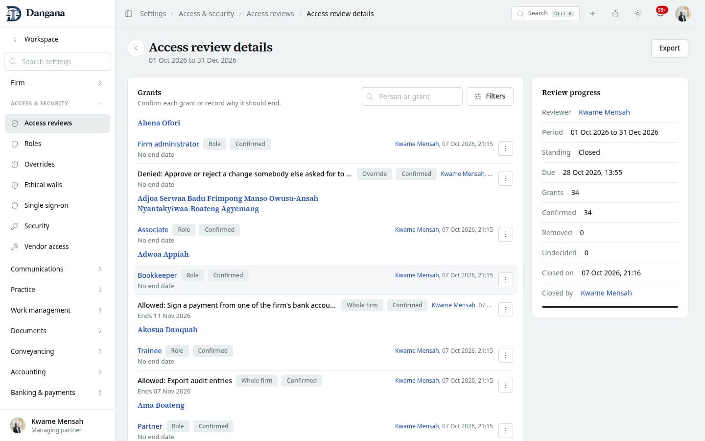An access review with grants grouped by person and its progress.