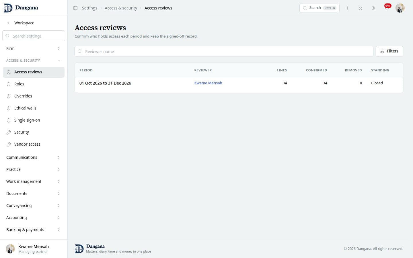 The access reviews register with periods, reviewers and progress.