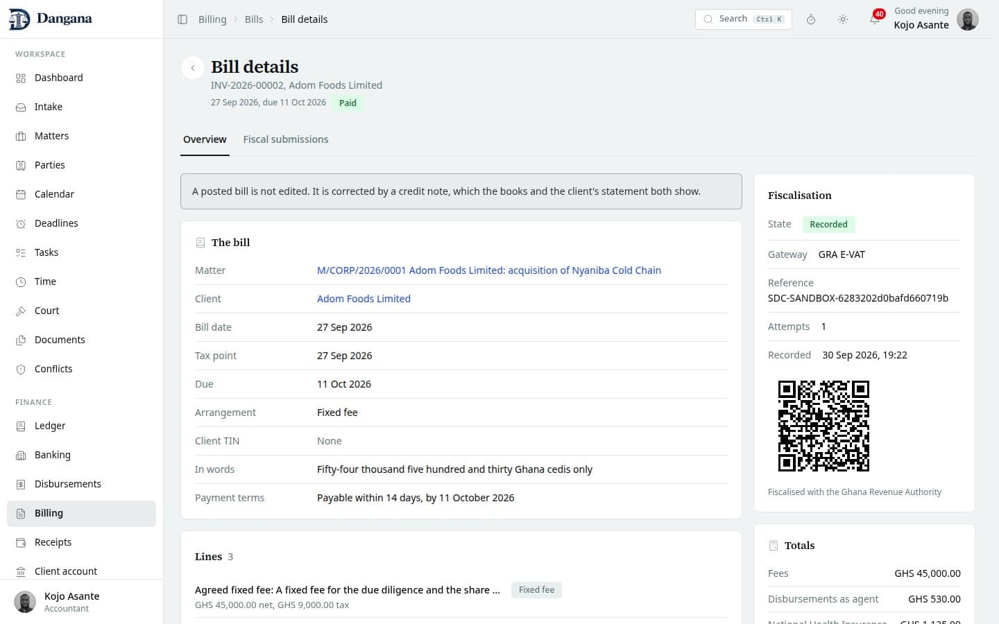 A bill with its fiscal reference and QR code in the rail.
