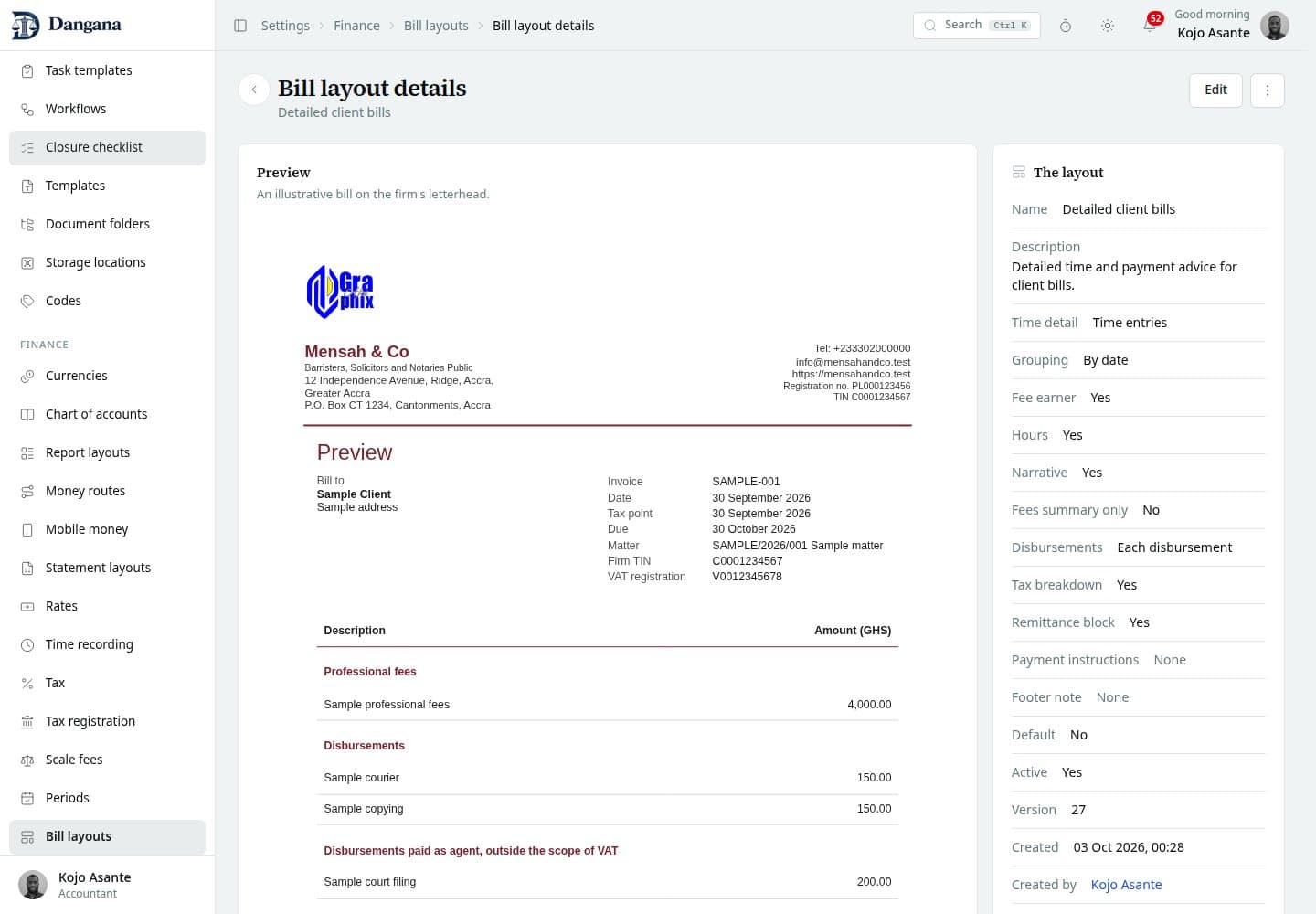 A bill layout with its preview, facts and records using it.