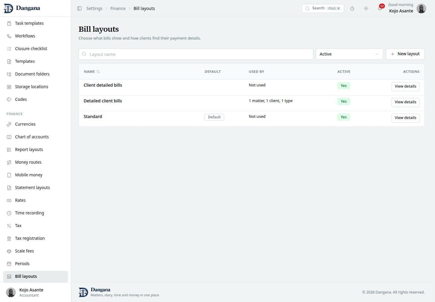 Bill layouts with default, usage counts and active standing.