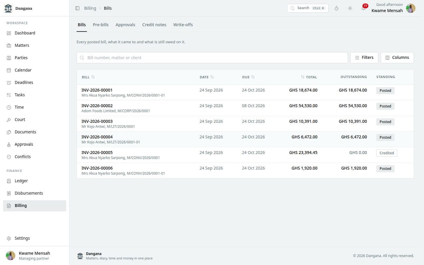 Posted bills with their dates, totals, what is still owed and their standing.