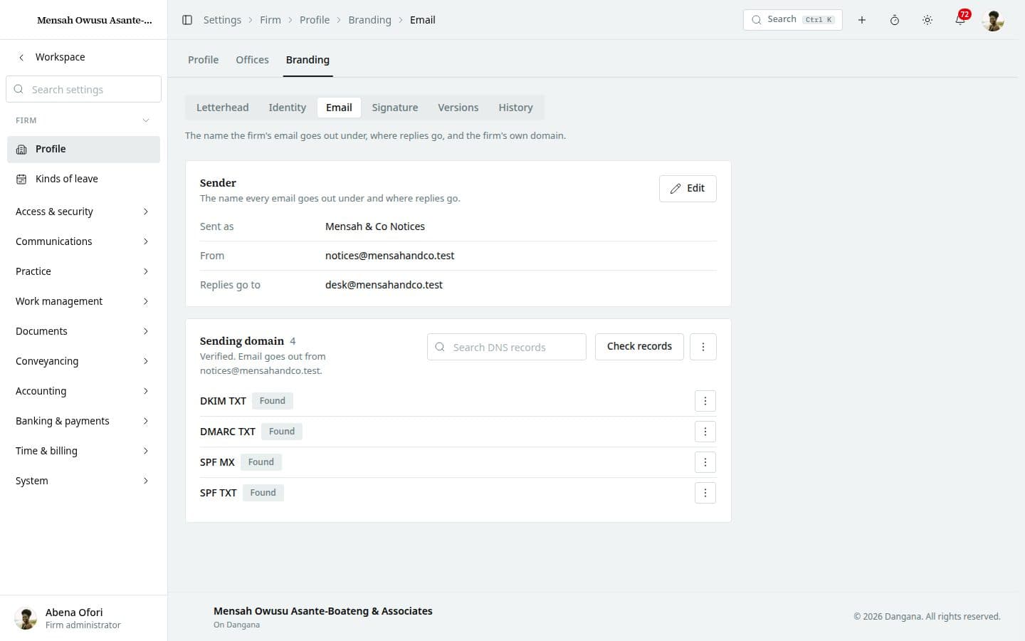 The email sender and the firm's sending domain with its DNS records.