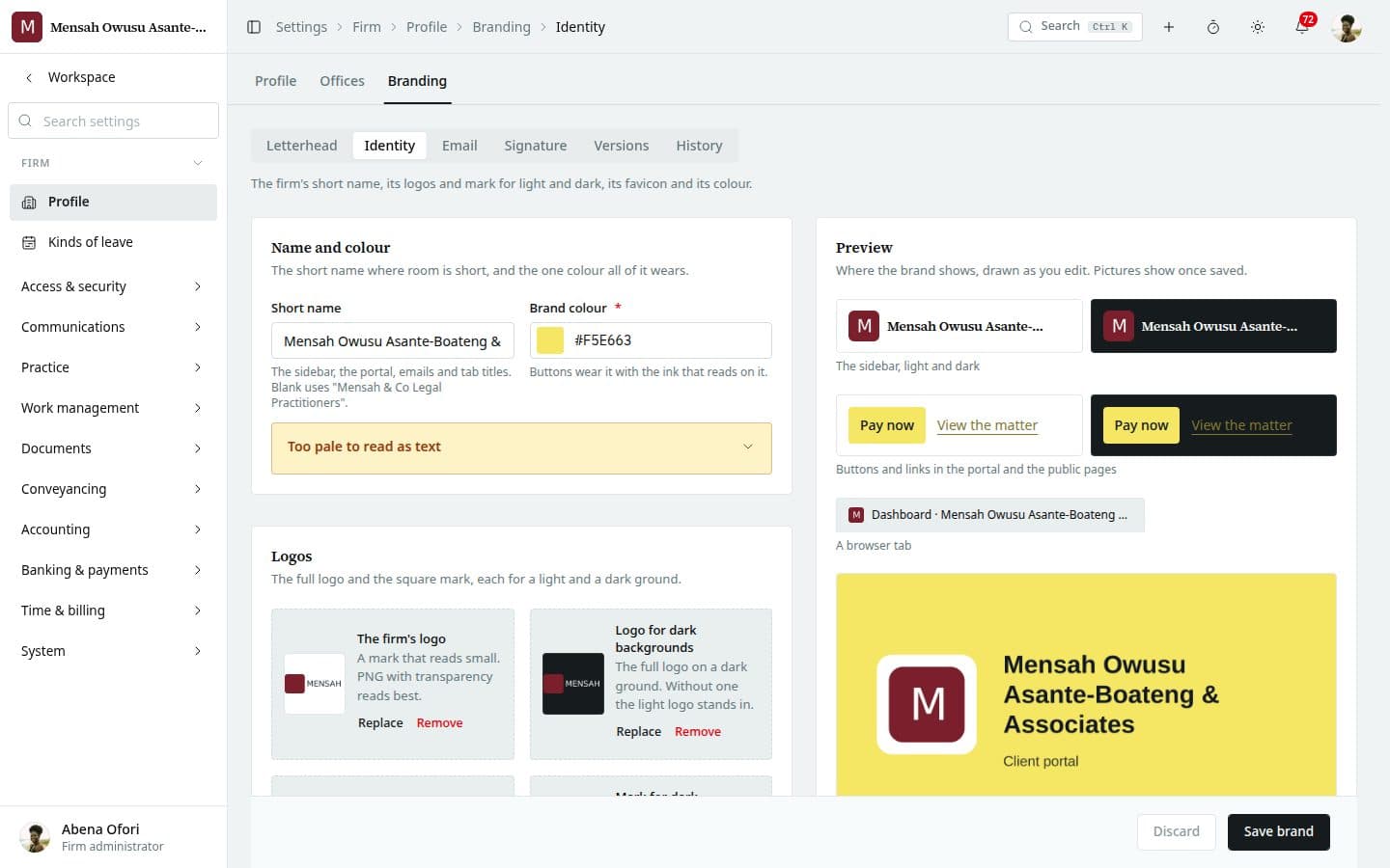 The firm's short name, colour, logos and favicon beside a drawing of where they show.