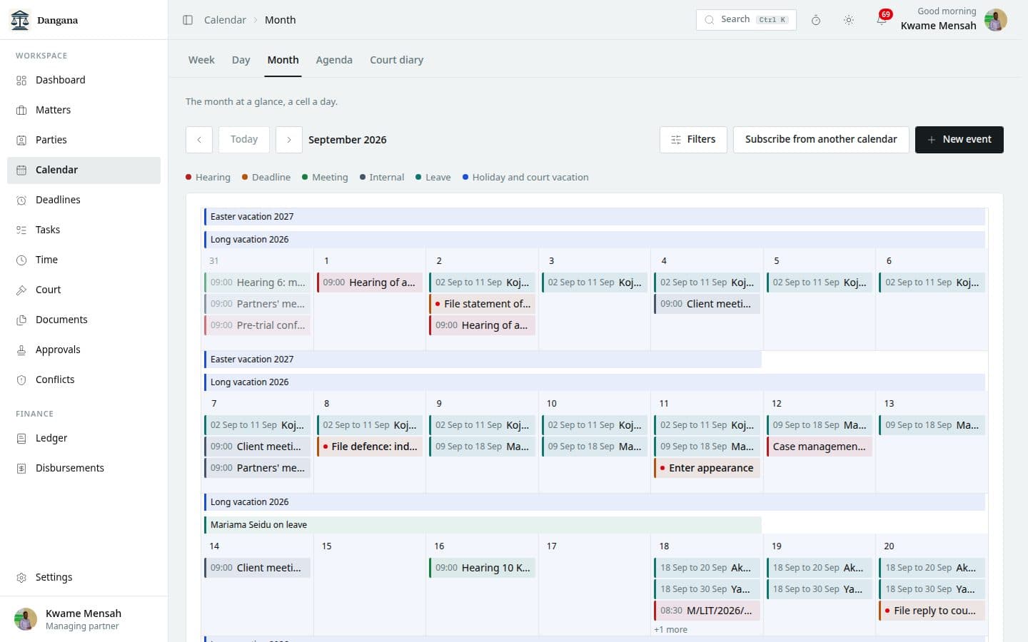 The firm calendar for the month.