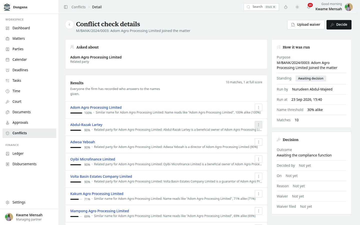 A conflict check with its results grouped by party.
