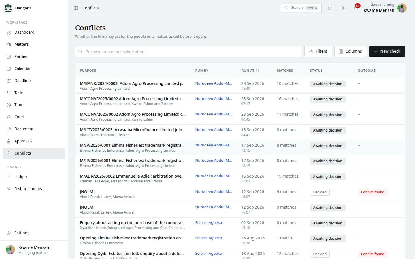 The conflict checks register with each check's decision.