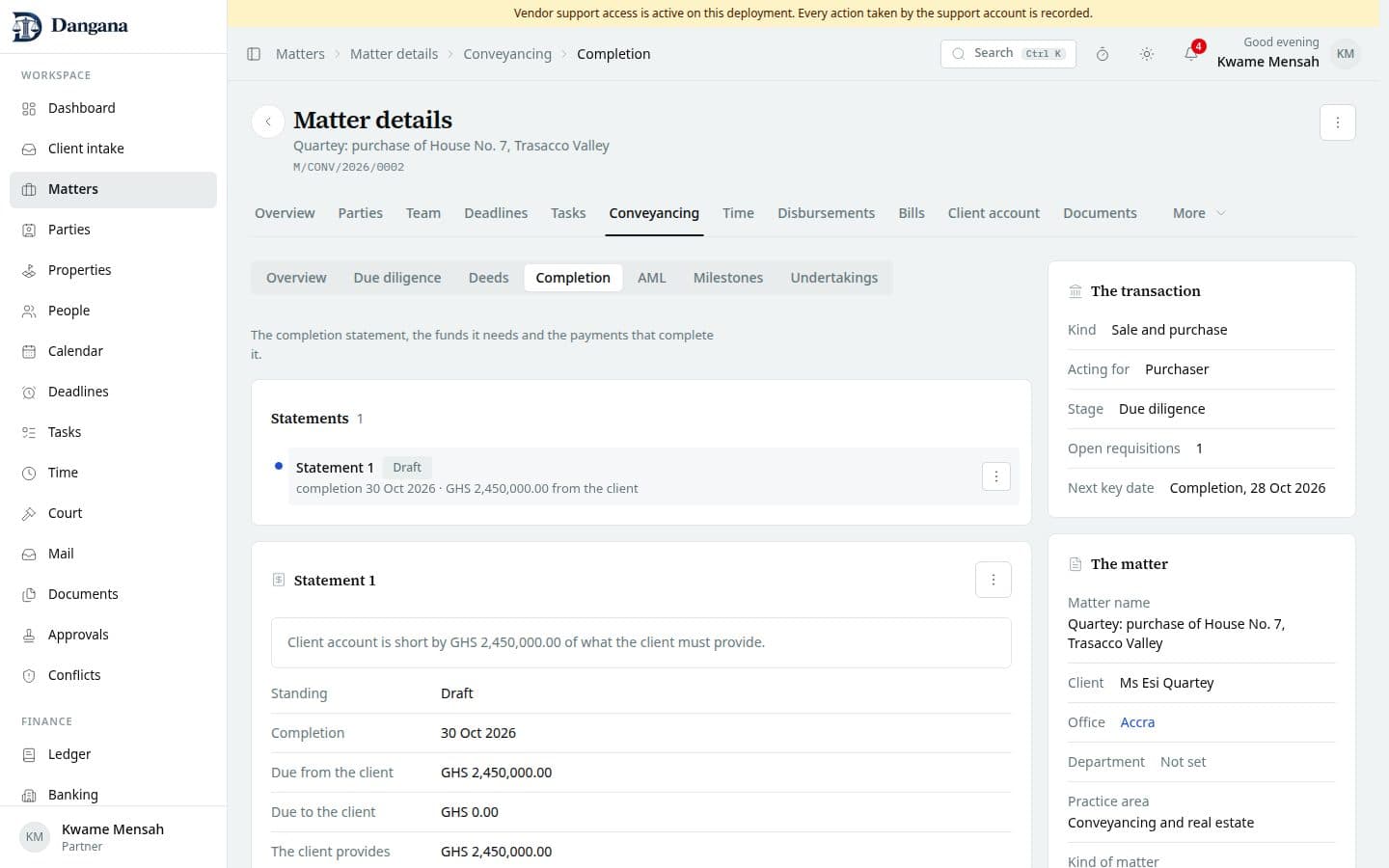 The completion statement with what the client provides and what is held in client account.