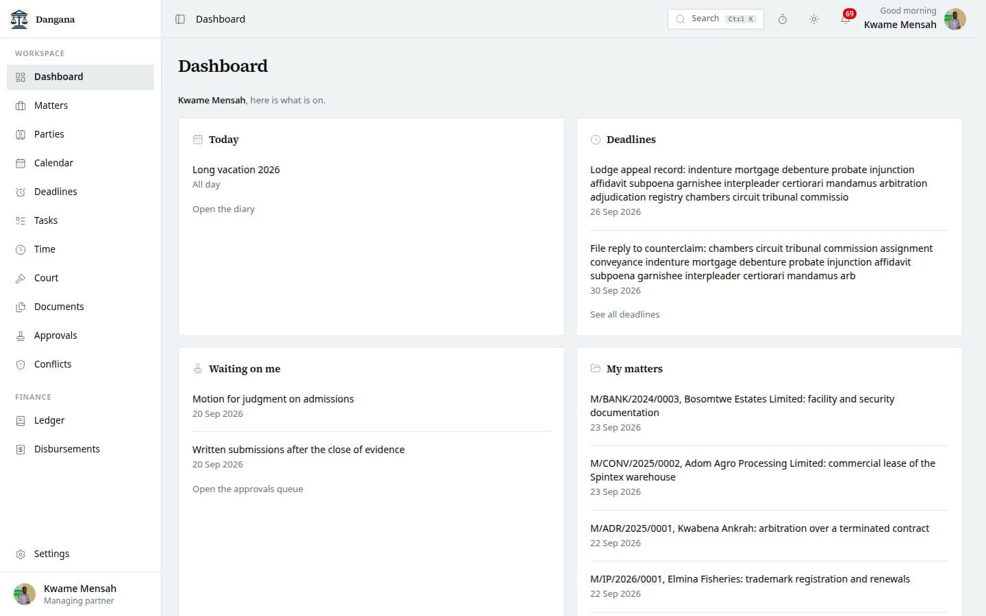The home dashboard with the day's hearings, deadlines and tasks.
