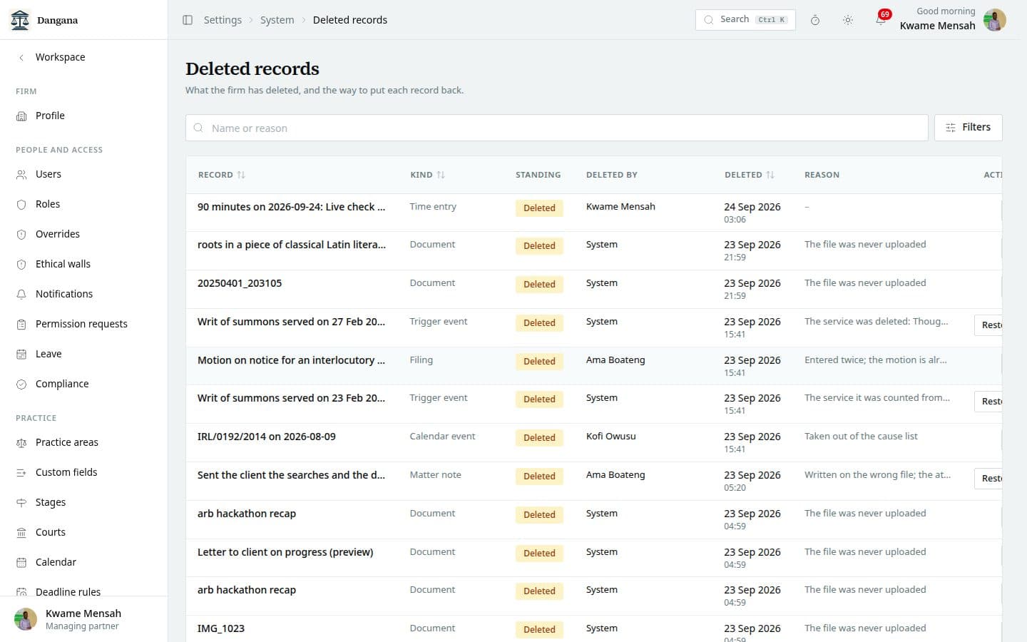 The deleted records register with who deleted each and why.