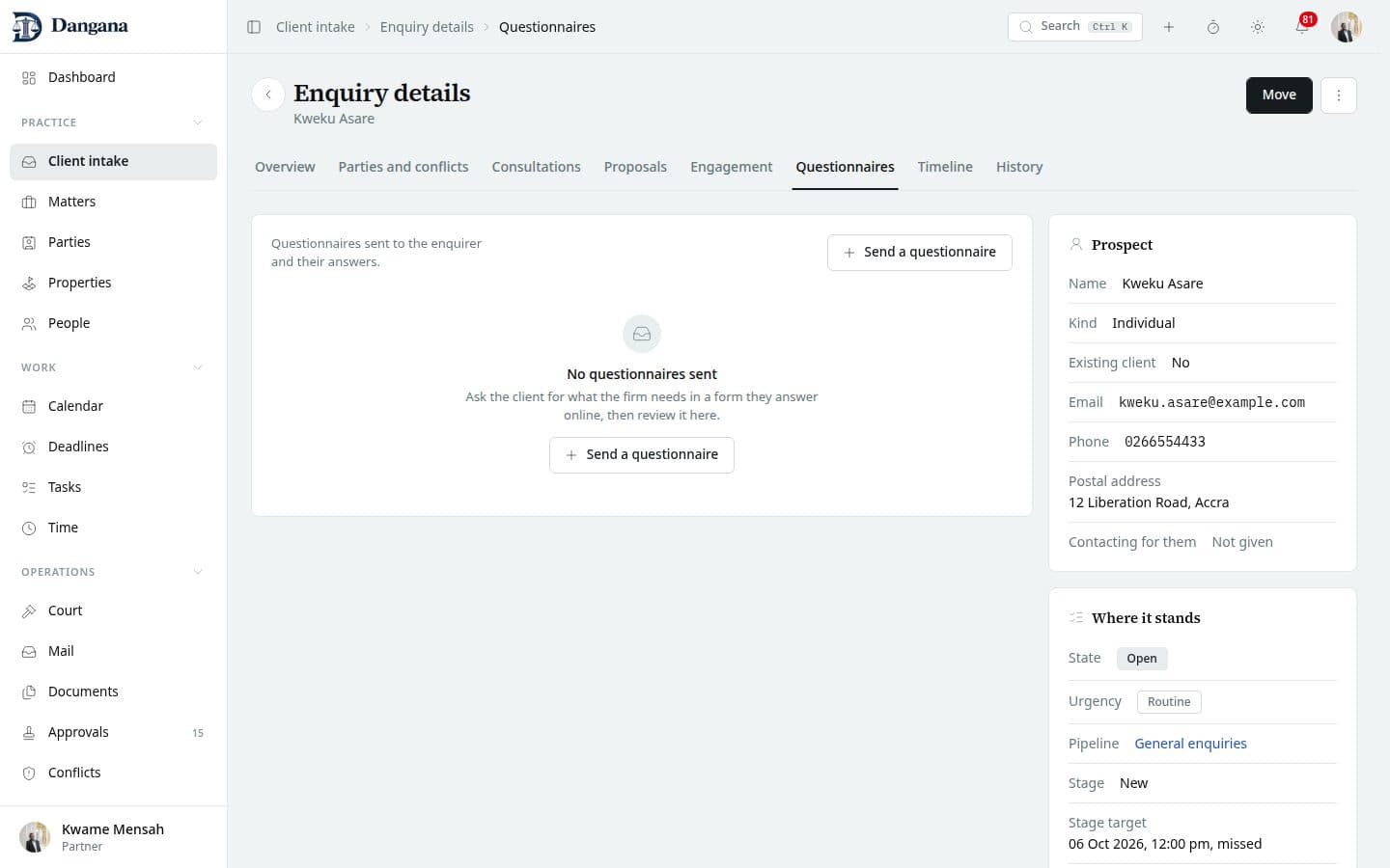 An enquiry's questionnaires, each with who it went to and where it stands.