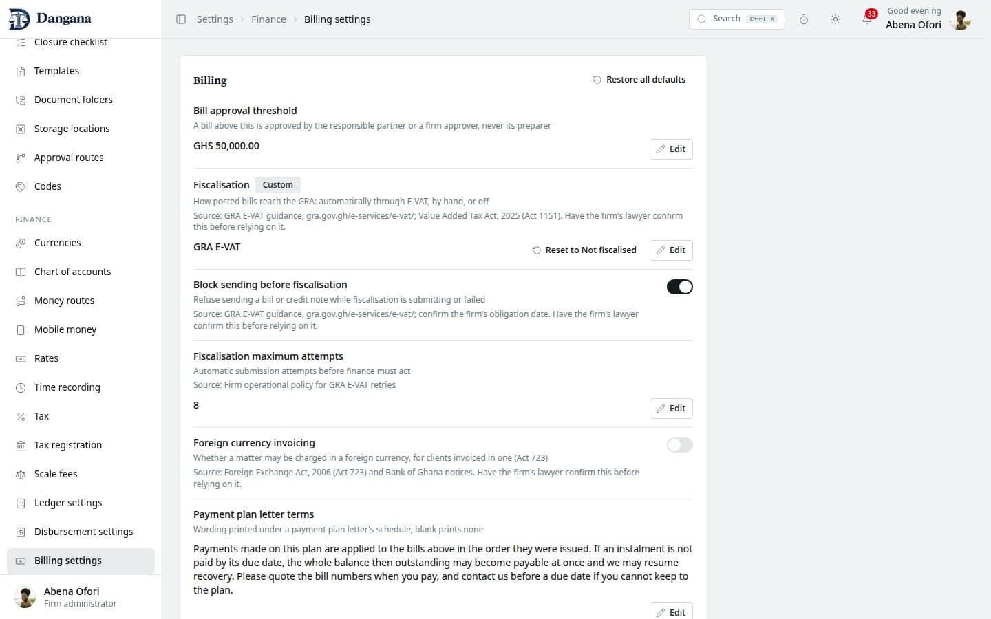 Billing fiscalisation settings, automatic attempt limit and sending policy.