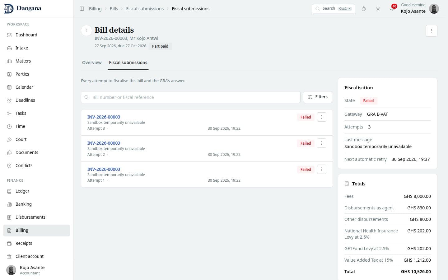 A bill's dated fiscal attempts with state and submission date filters.