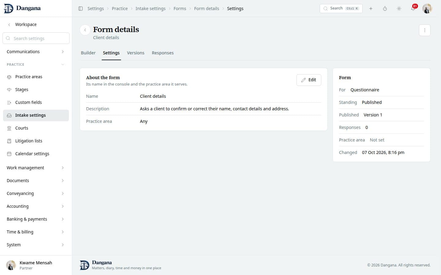 A form's settings: its link and QR code, where enquiries go, uploads, consent and what the person sees after sending.