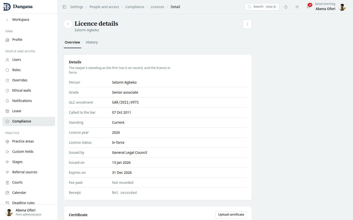 A lawyer's practising licence with its standing, fee and certificate.