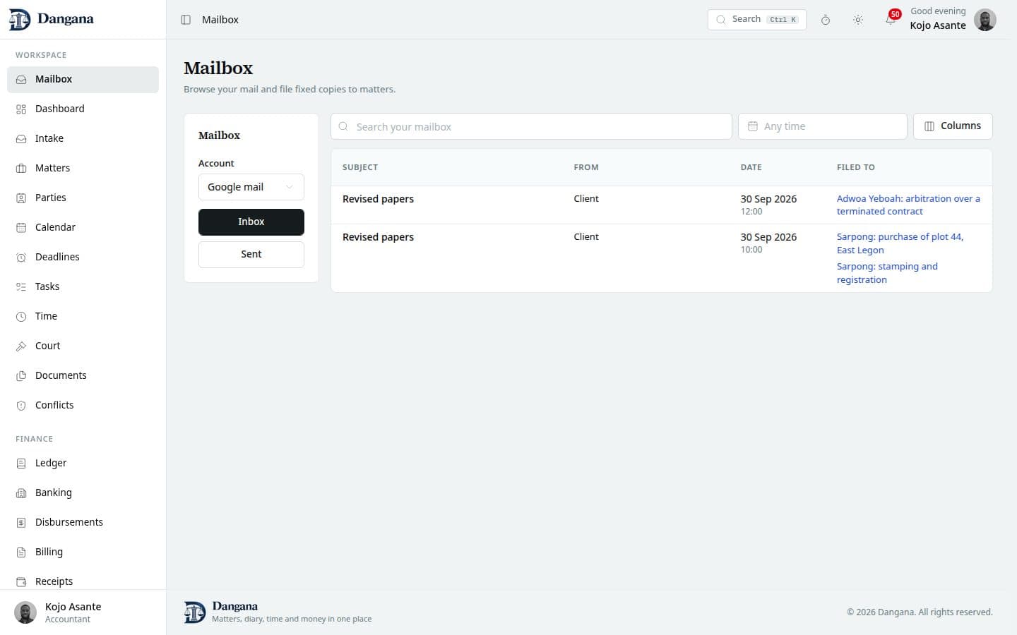 A personal mailbox register with filing links.