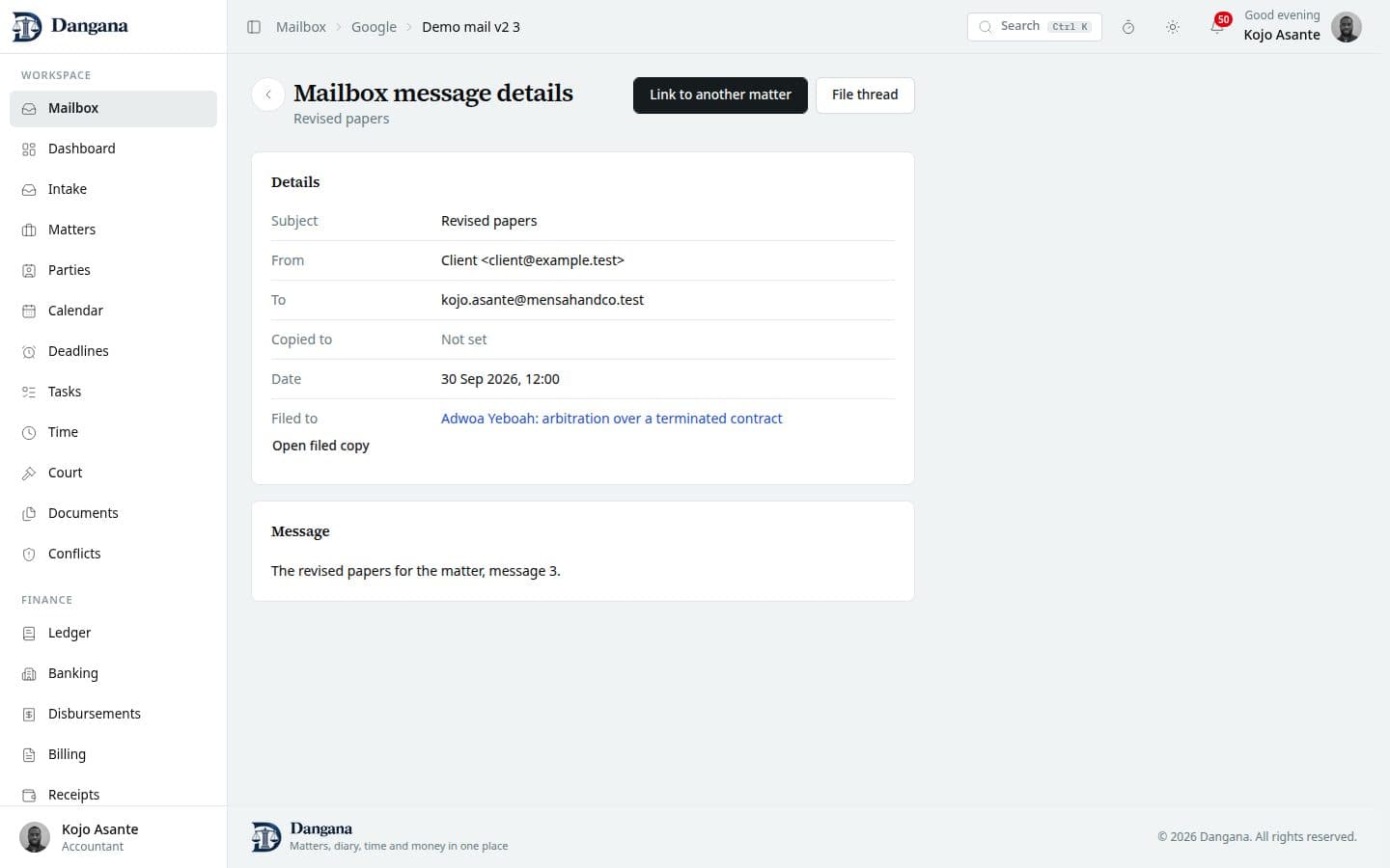 A live mailbox message with file-to-matter controls.