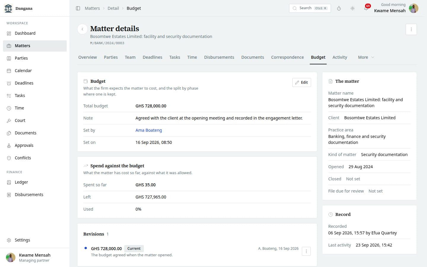A matter's budget with its phase lines and revisions.