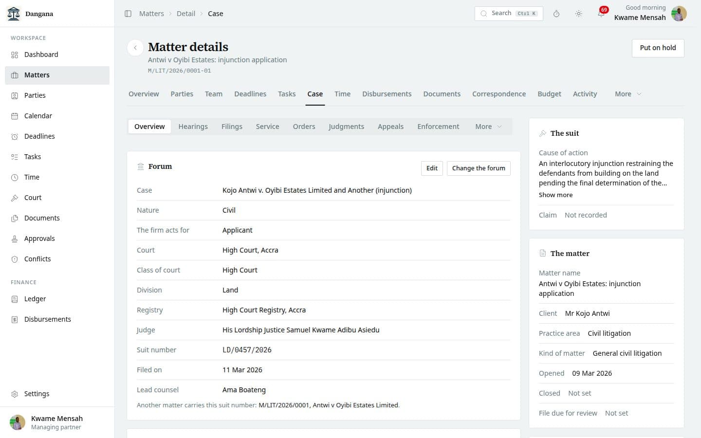A suit's case record: its forum, status and what the court did.