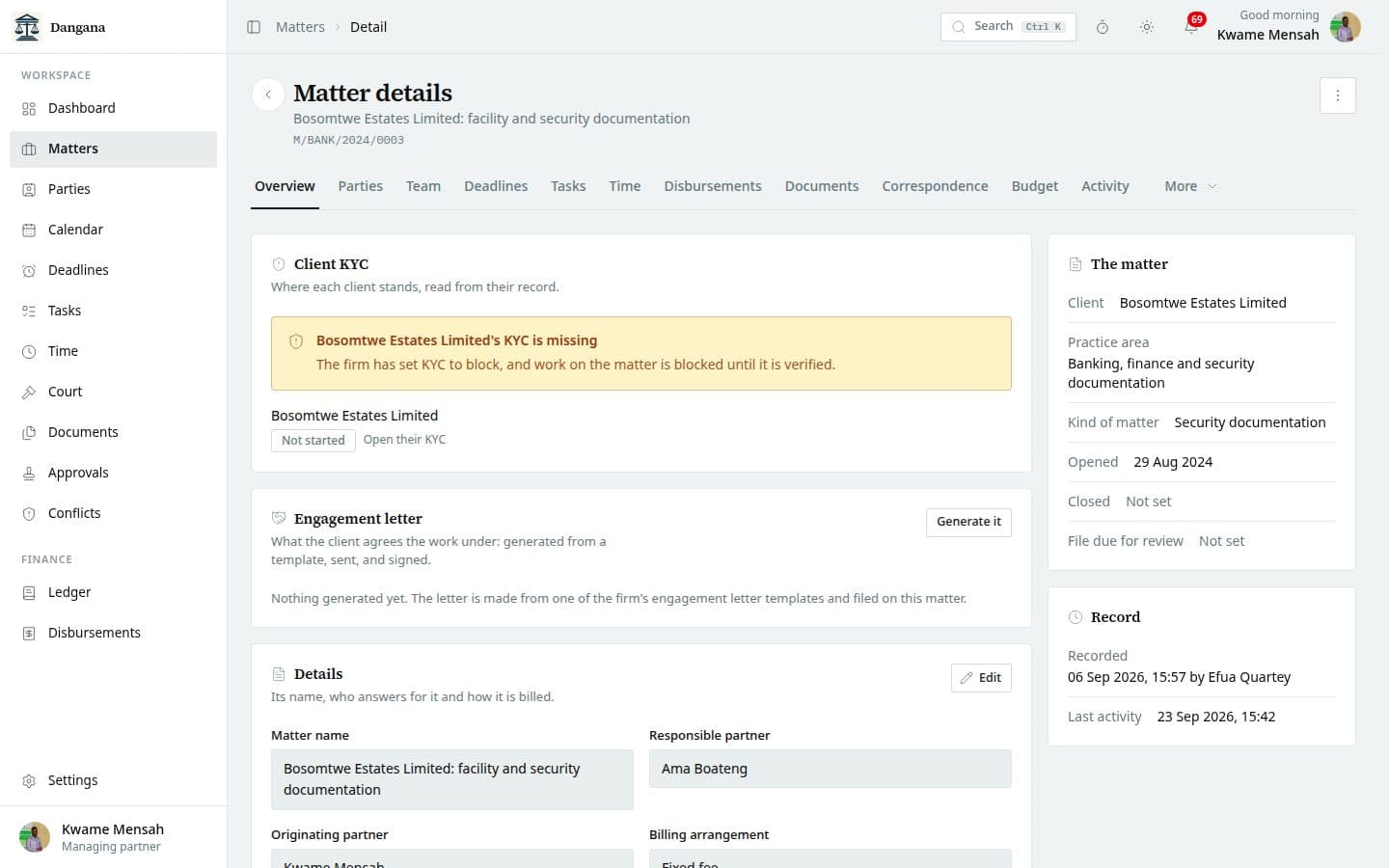 The matter dashboard: parties, team, standing, key dates and budget.