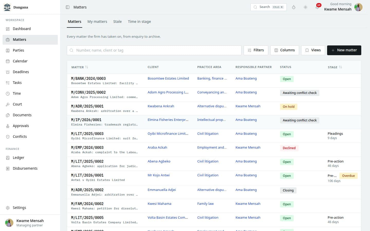 The matter register with its filters and saved views.
