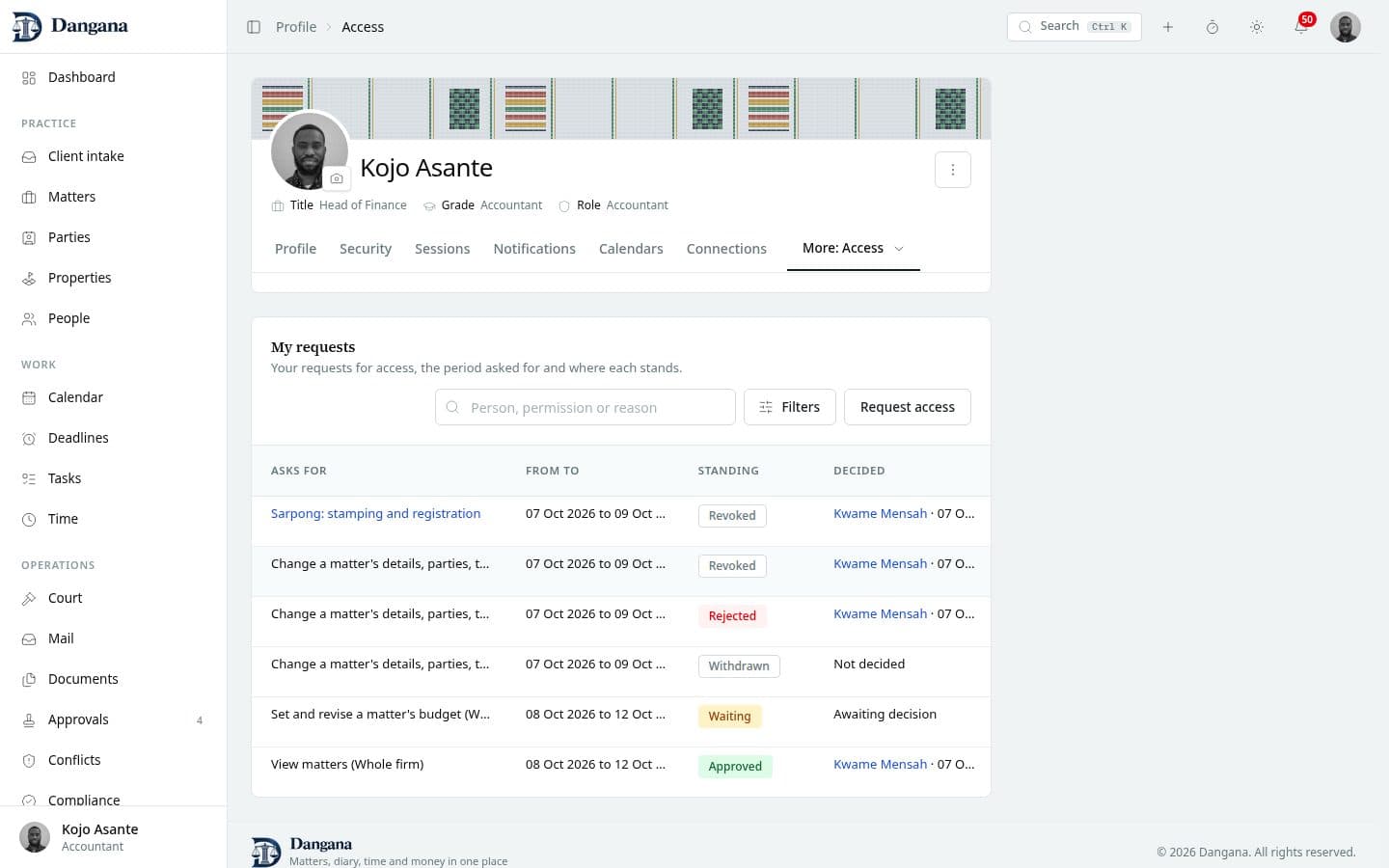 My access requests, with permissions, date ranges and standing.