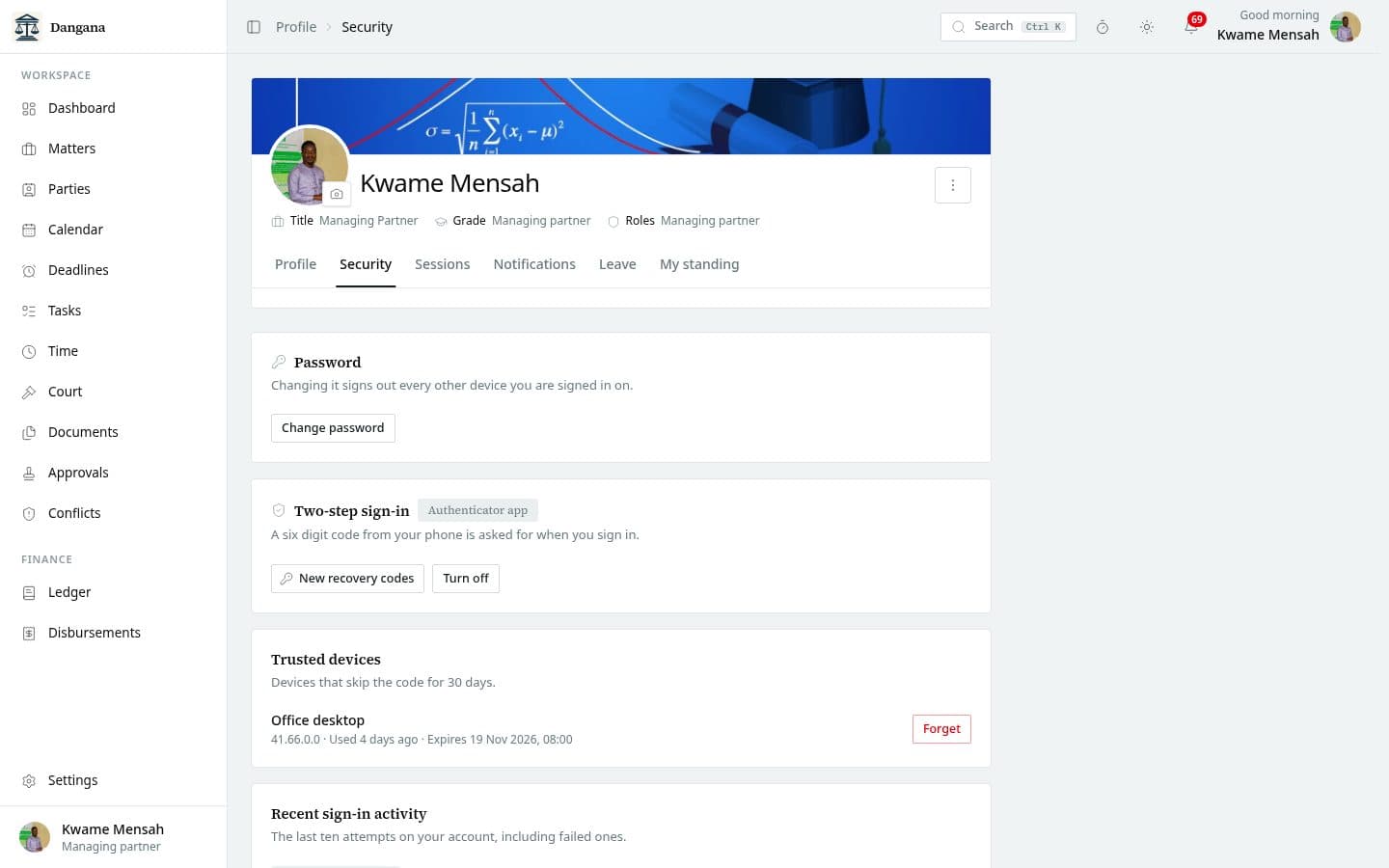 A person's security page with two step sign in and the password change.