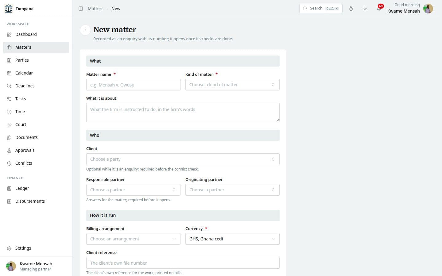 The form to open a matter from its type, client and partner.