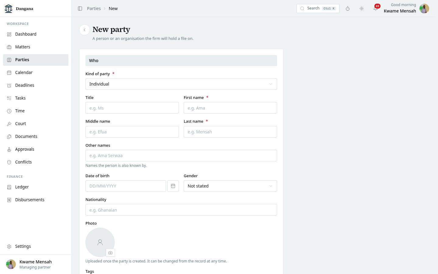 The form to add a person or an organisation to the register.