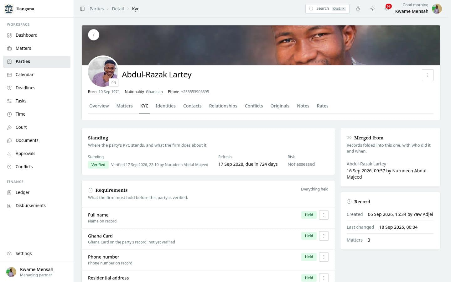 A client's KYC record: what is held, what is missing and the risk band.