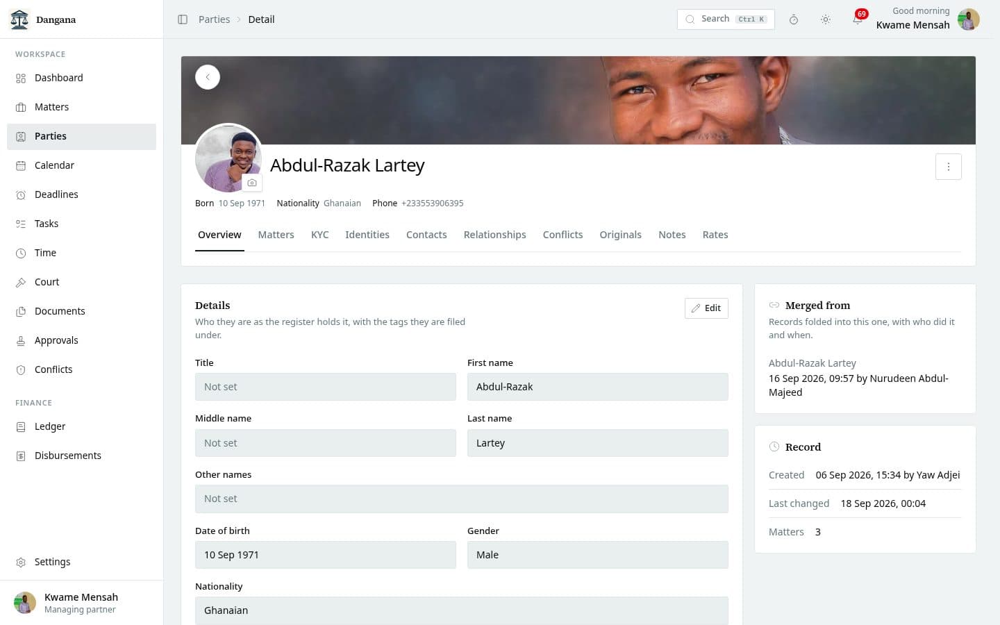 A party's record with contacts, identities and relationships.