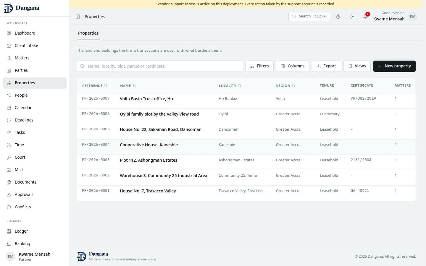 The property register with each property's locality, tenure and live encumbrances.