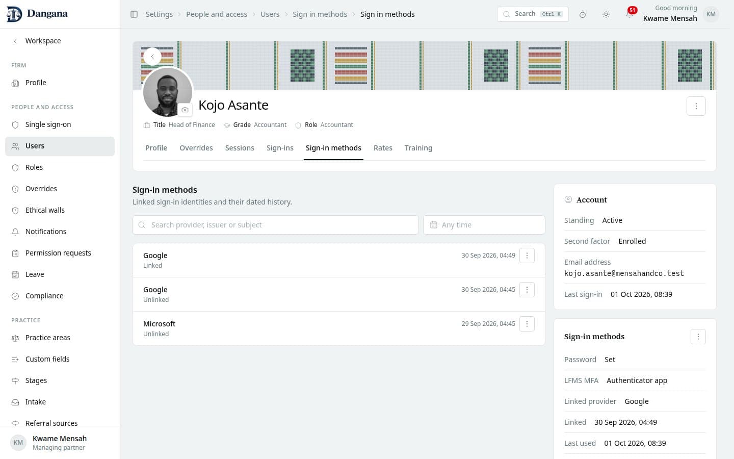 A person's linked sign-in identities and retained unlink history.