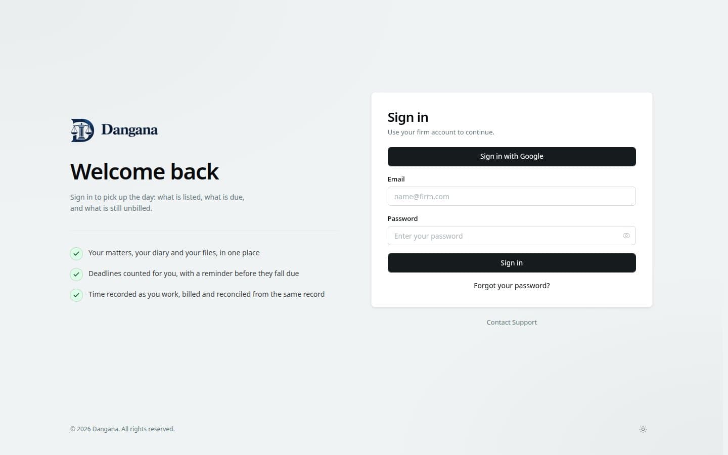 The sign-in page with the firm's provider button before the password form.