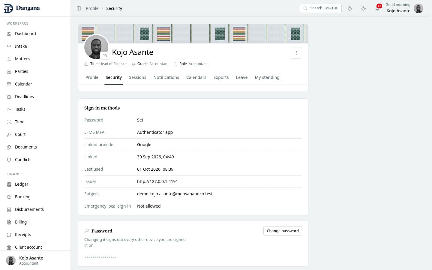 Your linked provider identity on the Security page.