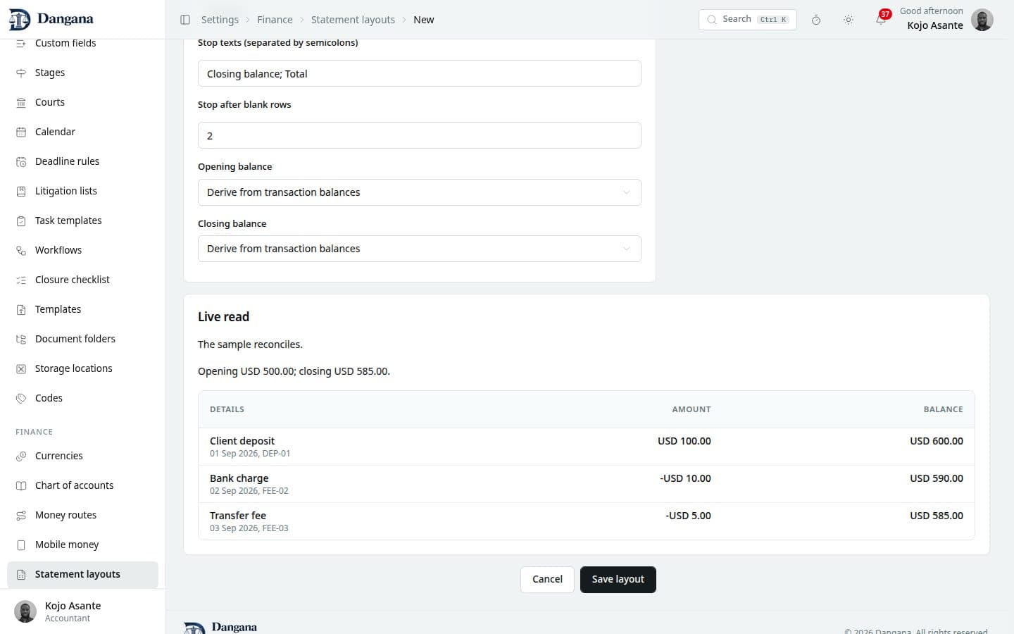 A complete sample read with its balances, transactions and enabled layout save.