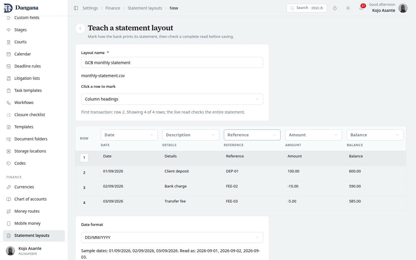 Teaching a bank statement layout with the mapped sample grid and live reconciliation.