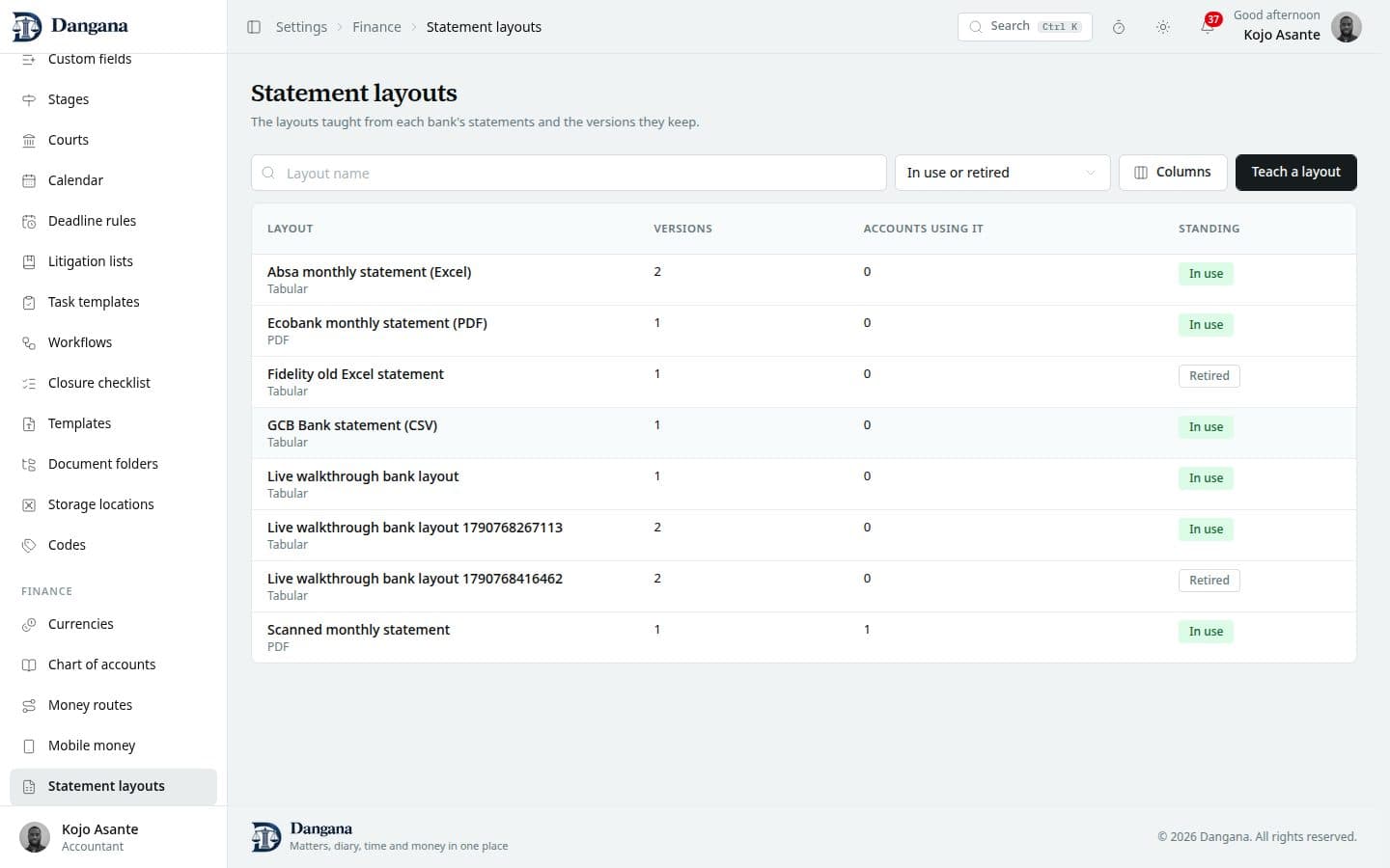 The statement layouts register with format families, version counts and standing.