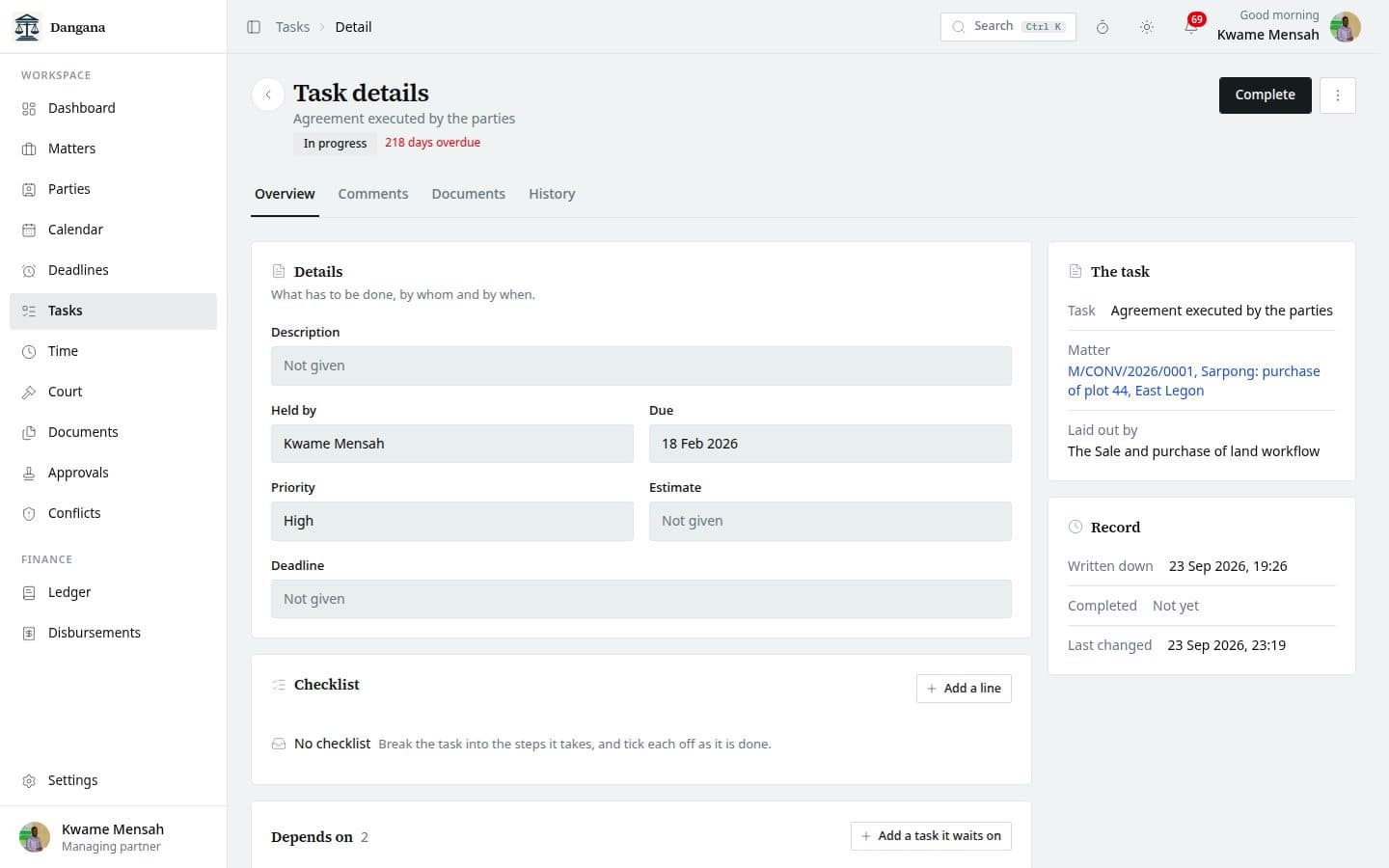 A task with its checklist, comments and documents.