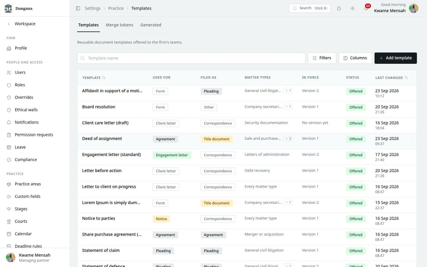 The firm's document templates with the matter types each is for.