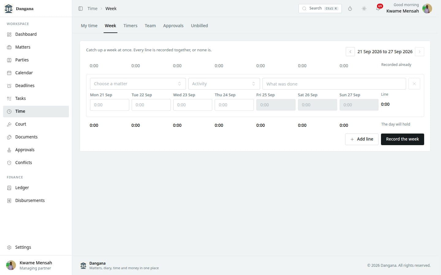 The week grid, with each day's entries valued as they are saved.