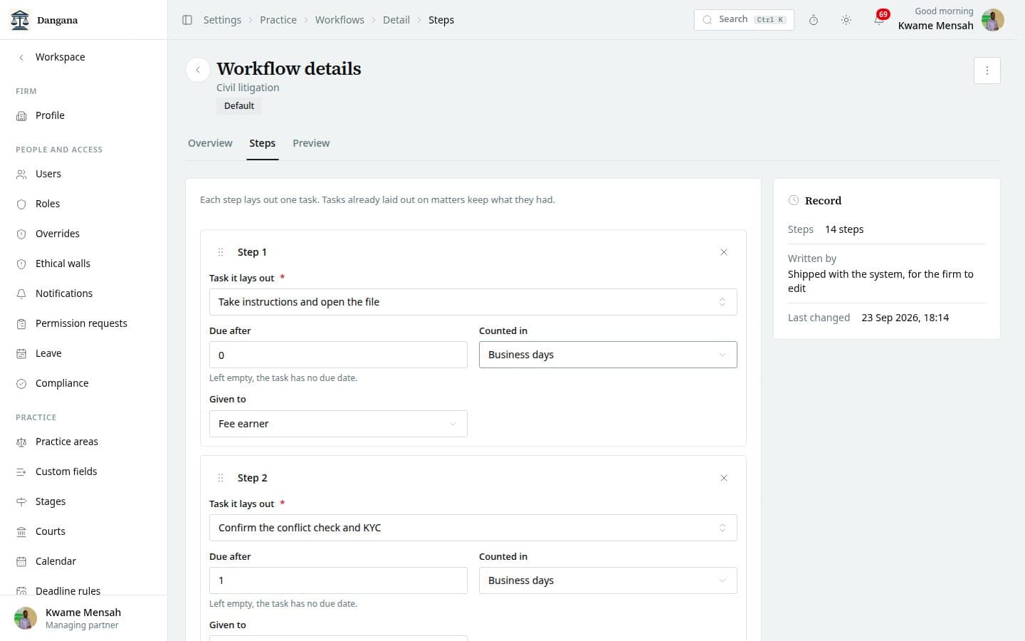 A workflow template's steps, each due a number of days after the anchor.