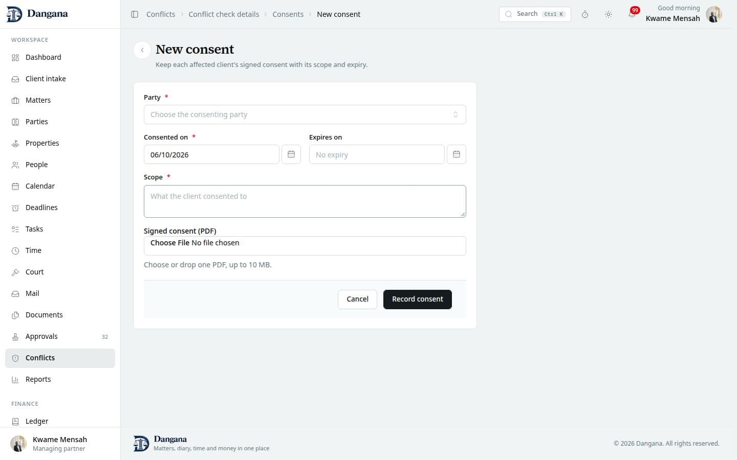 The page for recording a signed client consent.
