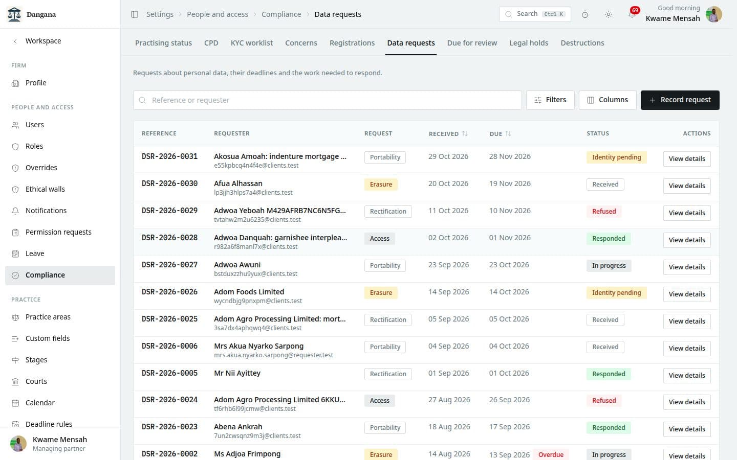 The register of data subject requests with each one's due day.