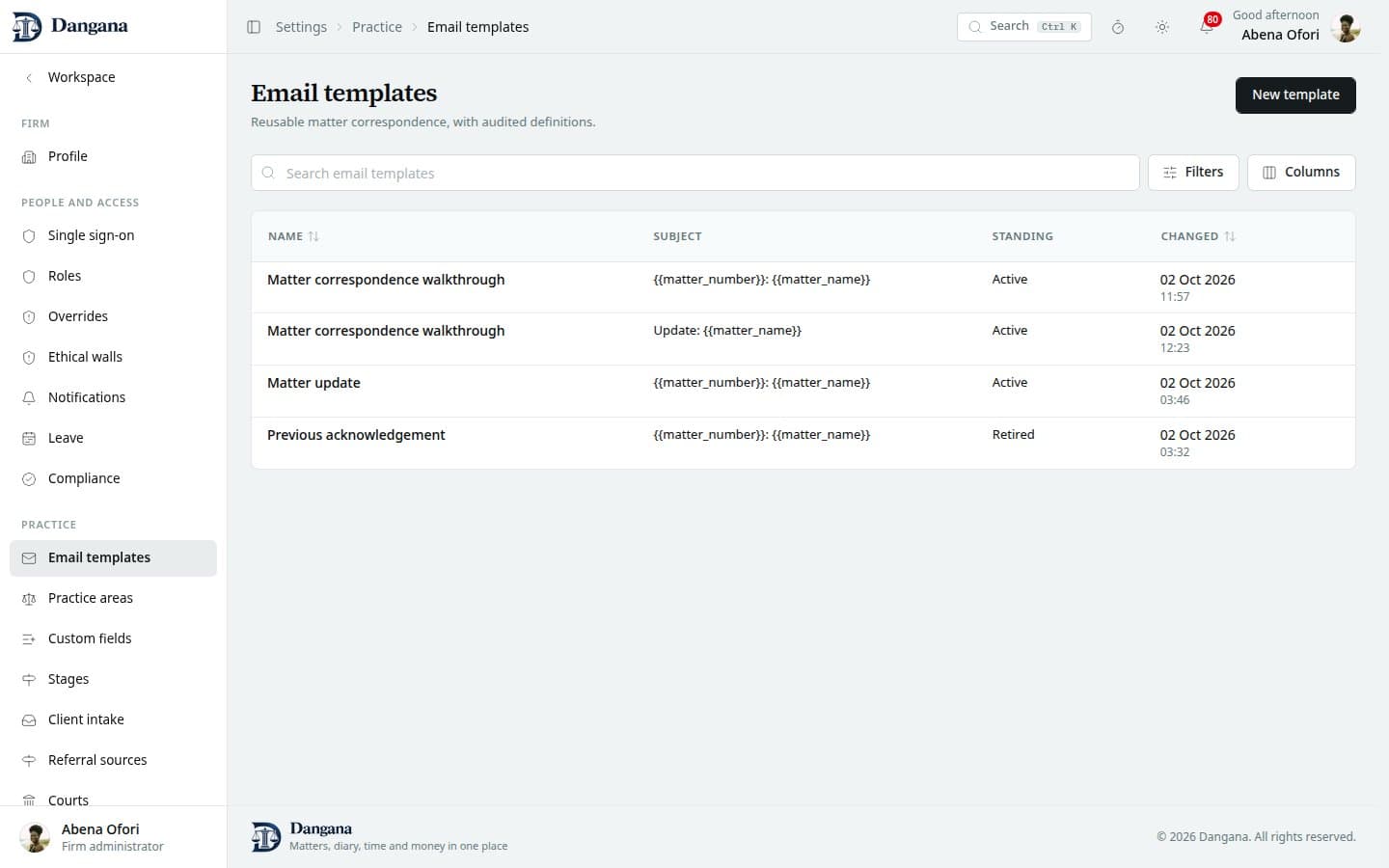 The searched and paged email template settings register.