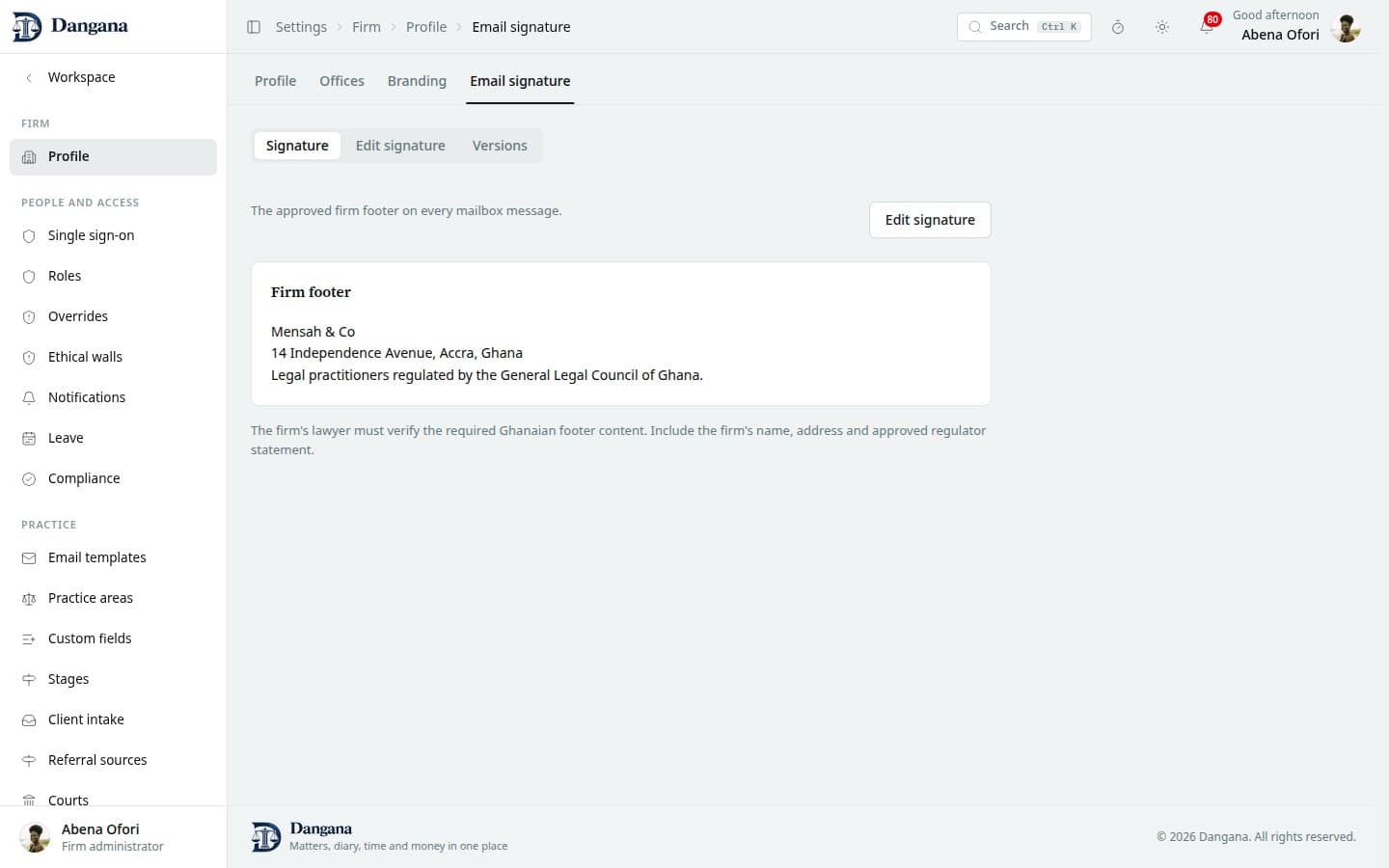 The approved firm email footer and its version history.
