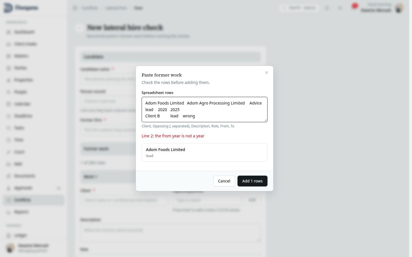 The spreadsheet paste preview with validation errors.