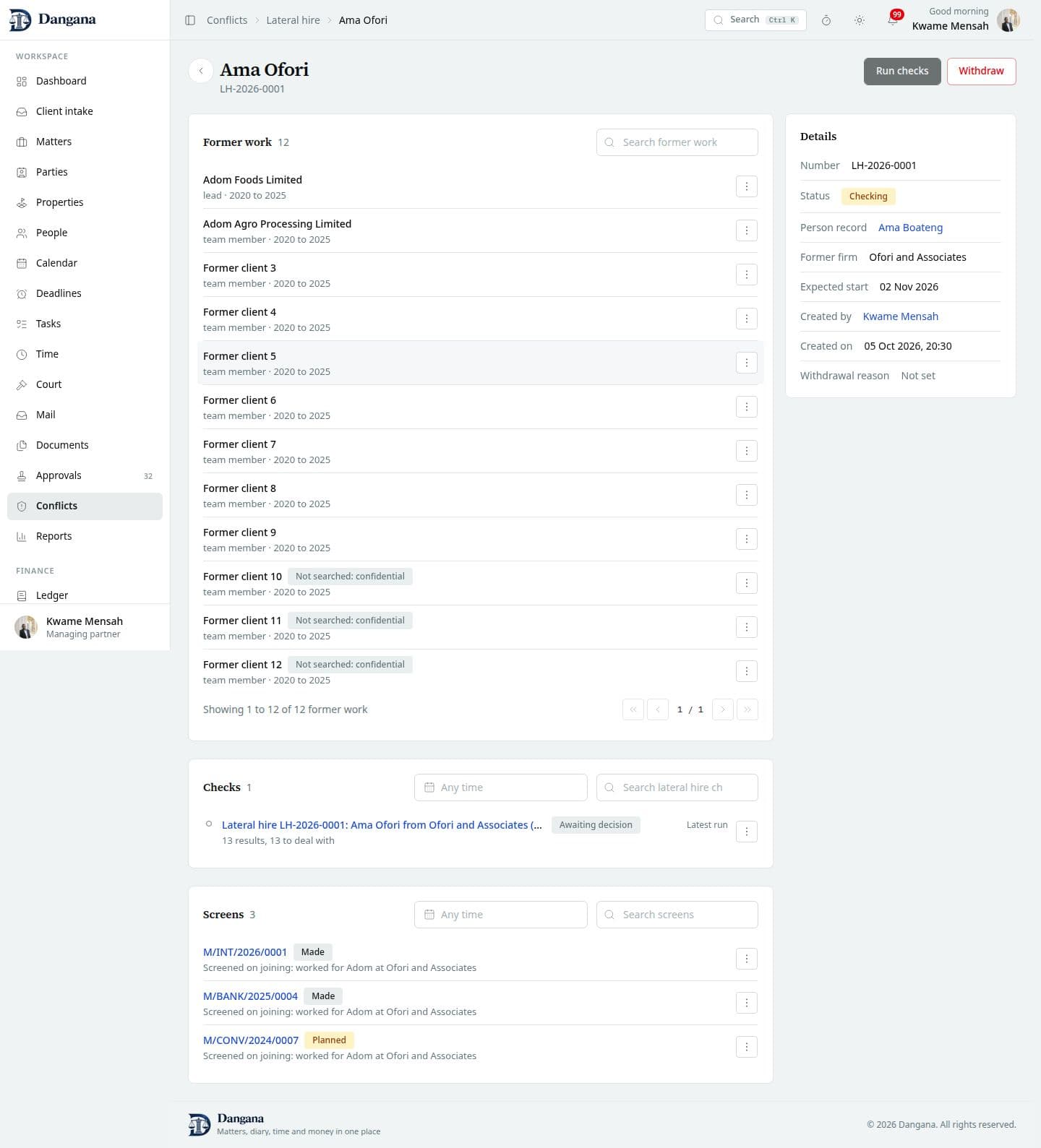 A lateral hire record with work, checks and screens.