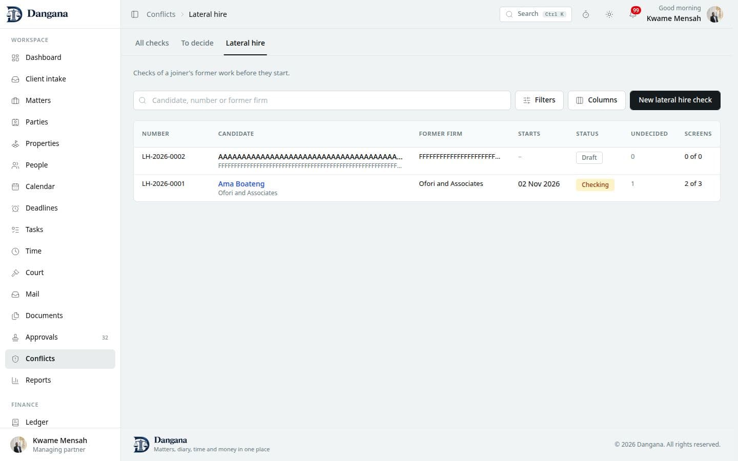 Lateral hire checks with status and screen counts.